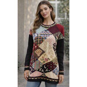 Vintage Tiara International Patchwork Knit Sweater Cottagecore Grandma SZ Medium